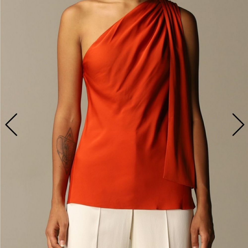 Theory one-shoulder draped stretch-silk top pleated in orange, size Small